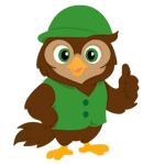 Cartoon owl wearing a green hat and vest giving a thumbs-up — Trees Hurt Too, Inc.