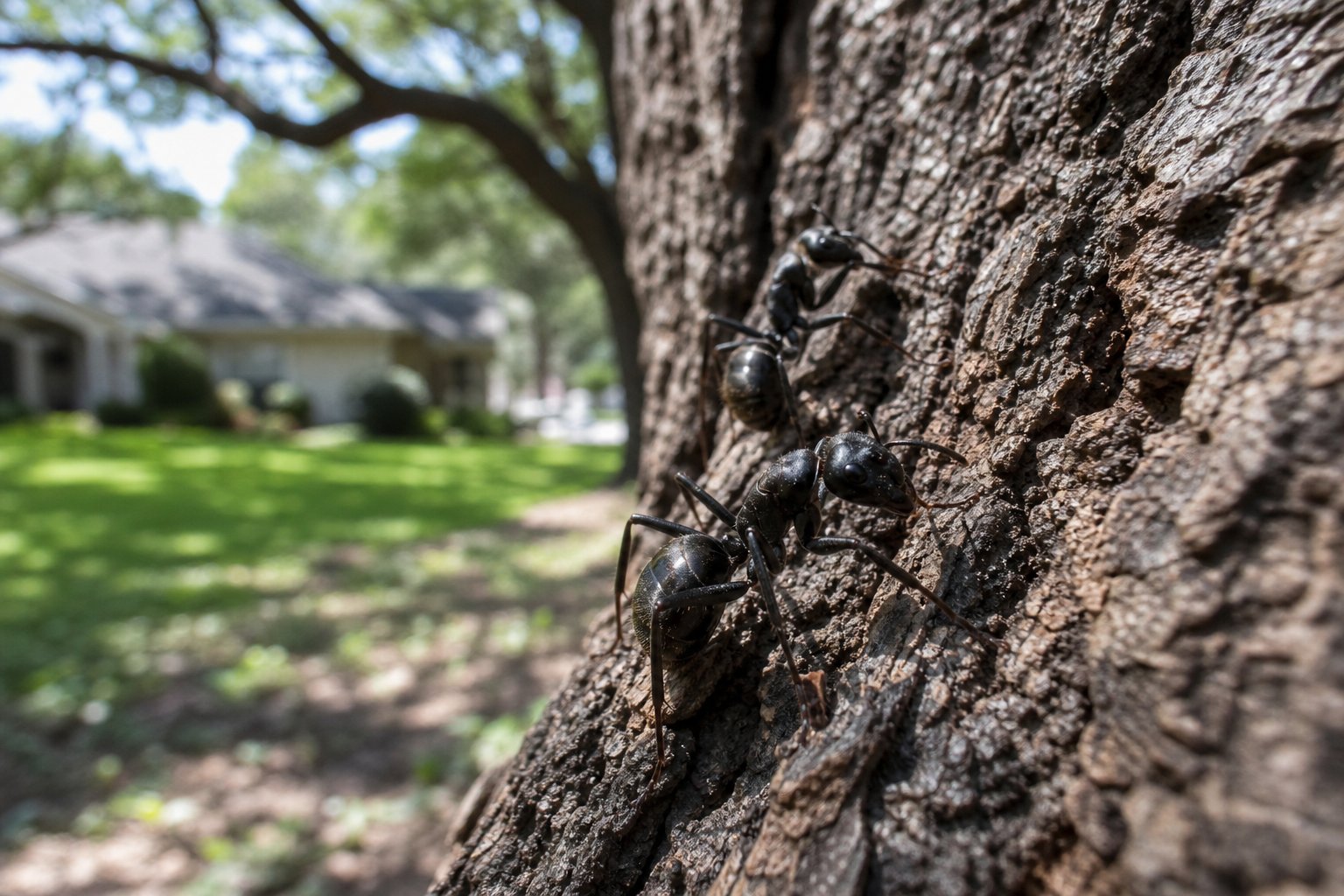Large black carpenter ants walking along the furrowed bark of a mature live oak, dappled afternoon light, North Texas suburban yard blurred behind