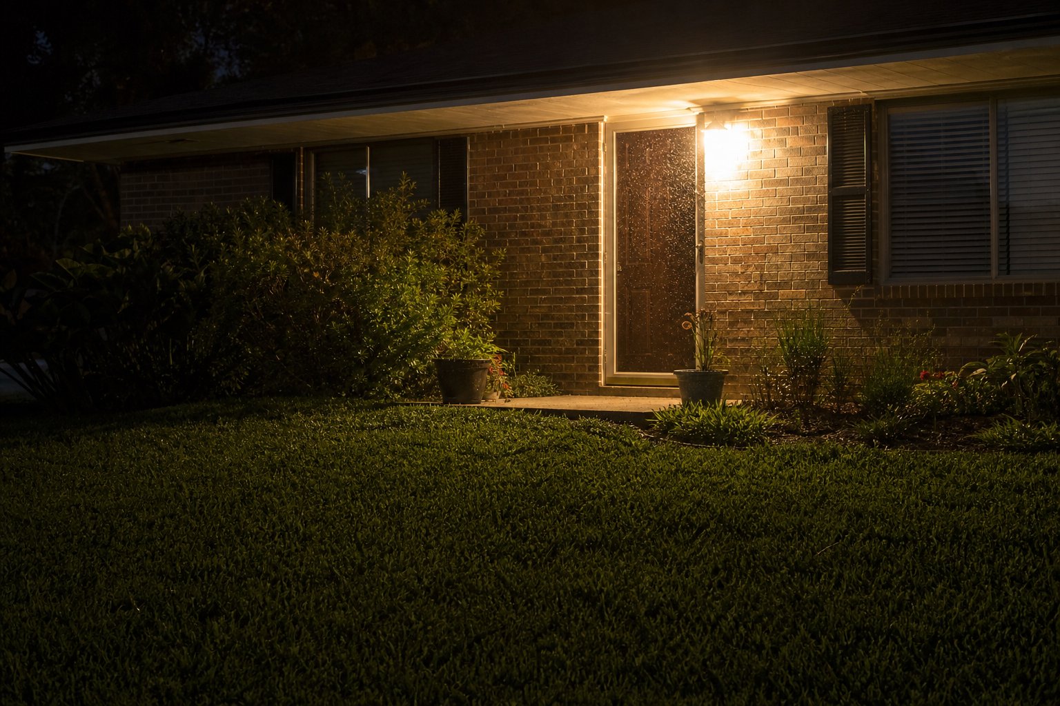 Warm porch light glowing above a brick ranch home entry on a summer night, insects gathered in the light beam, dark St. Augustine lawn in foreground
