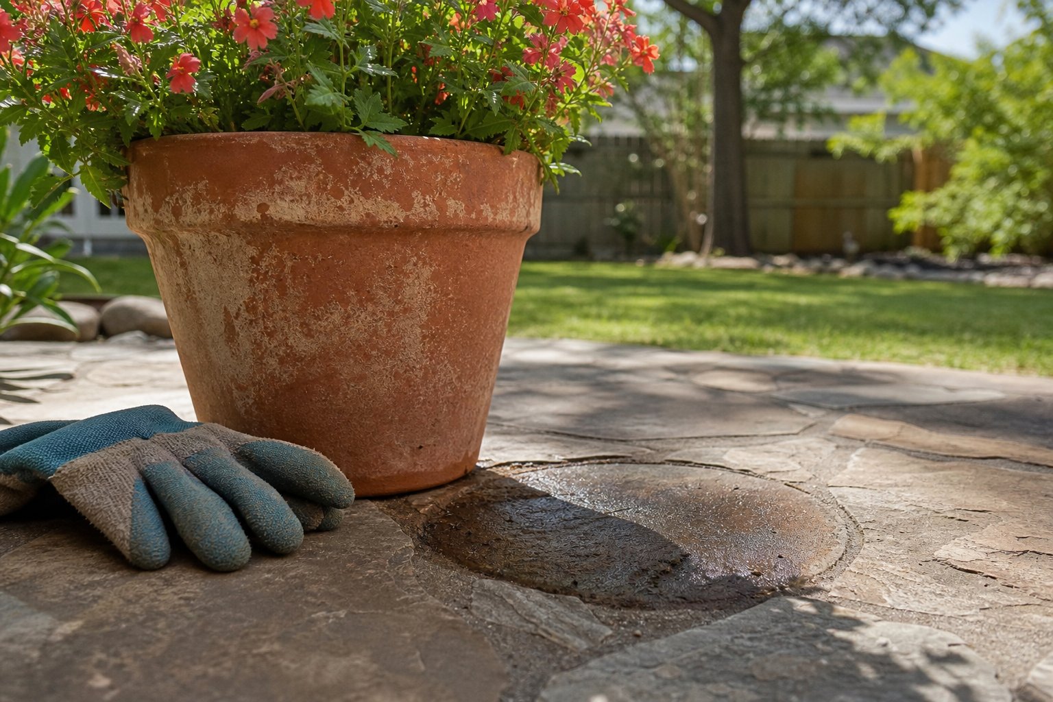 Terracotta flowerpot lifted from a patio revealing the damp circle underneath, garden gloves nearby, bright morning light, suburban Texas backyard patio