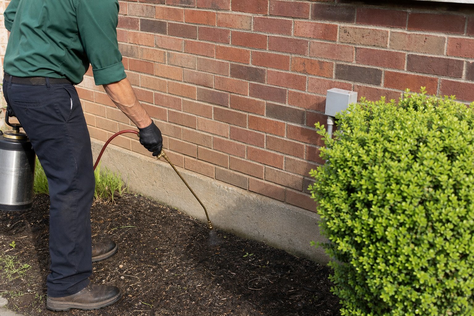 Pest control technician in plain green work shirt applying a liquid barrier treatment along a red brick foundation with an application wand, bright daylight