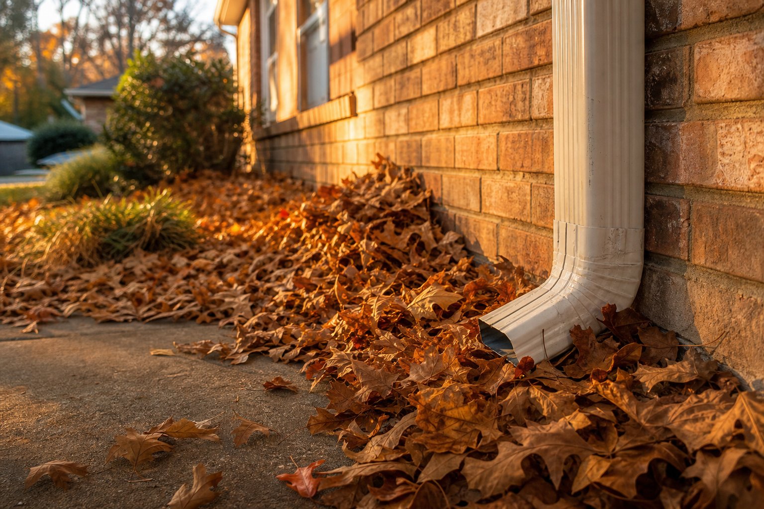 Drift of fallen oak leaves piled against the brick foundation and gutter downspout of a ranch home, warm golden autumn light, North Texas suburb