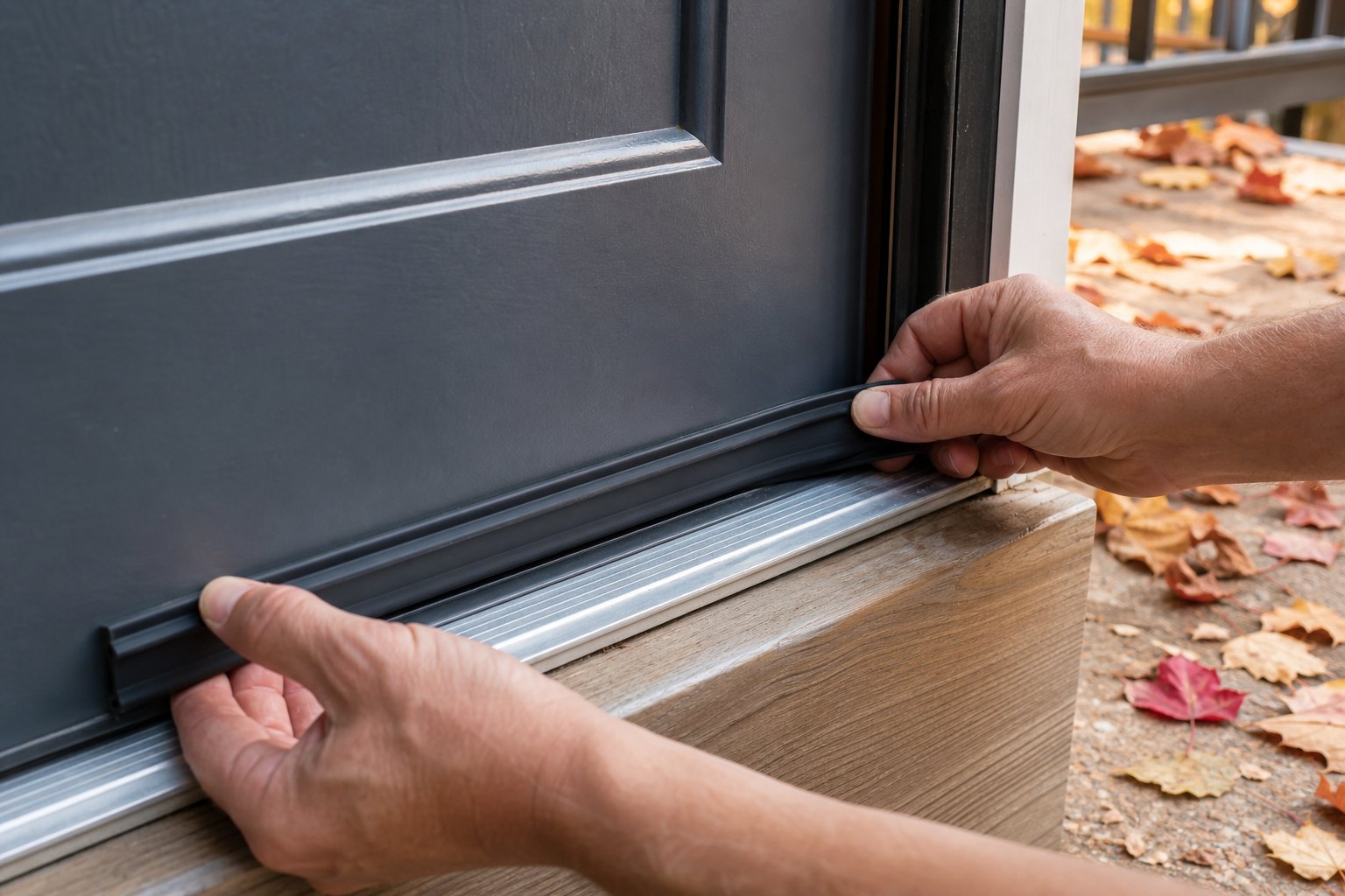 Hands installing a new rubber door sweep at the base of an exterior door, autumn leaves visible on the porch behind, soft fall light