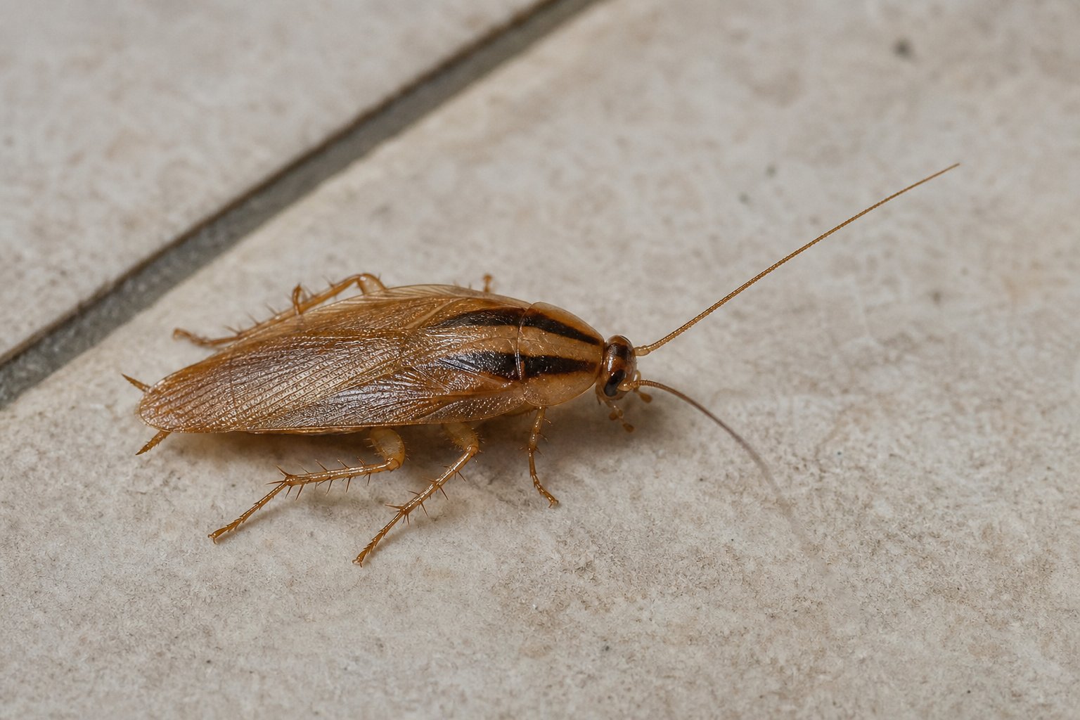 Single light brown German cockroach with two dark stripes on its back, on a pale tile surface, neutral indoor lighting