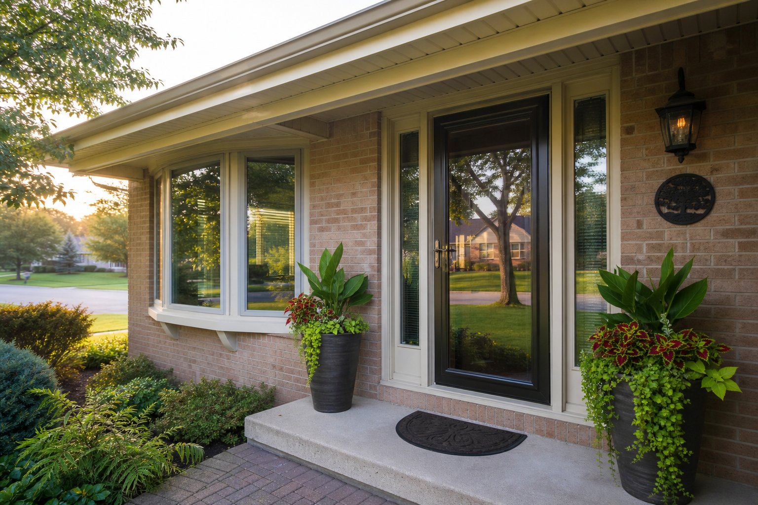 Welcoming front porch of a brick ranch home in soft early morning light, potted plants flanking the door, quiet suburban street reflected