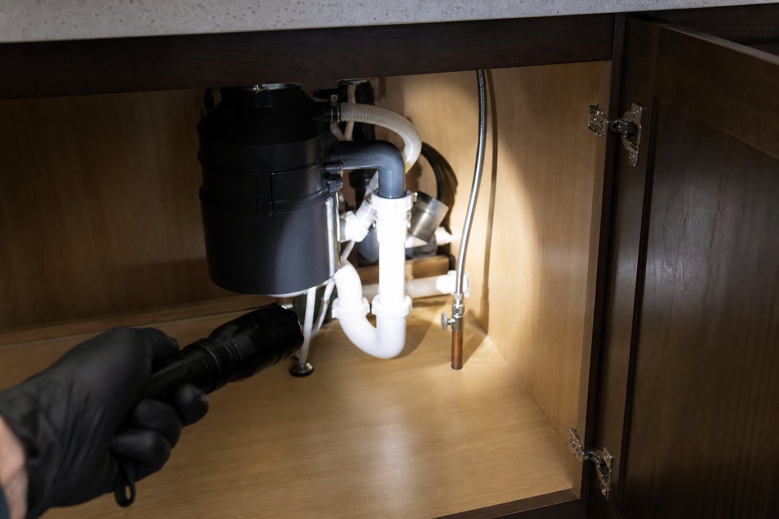 Flashlight beam illuminating the plumbing area inside an under-sink kitchen cabinet during an inspection, gloved hand holding the light, tidy suburban home