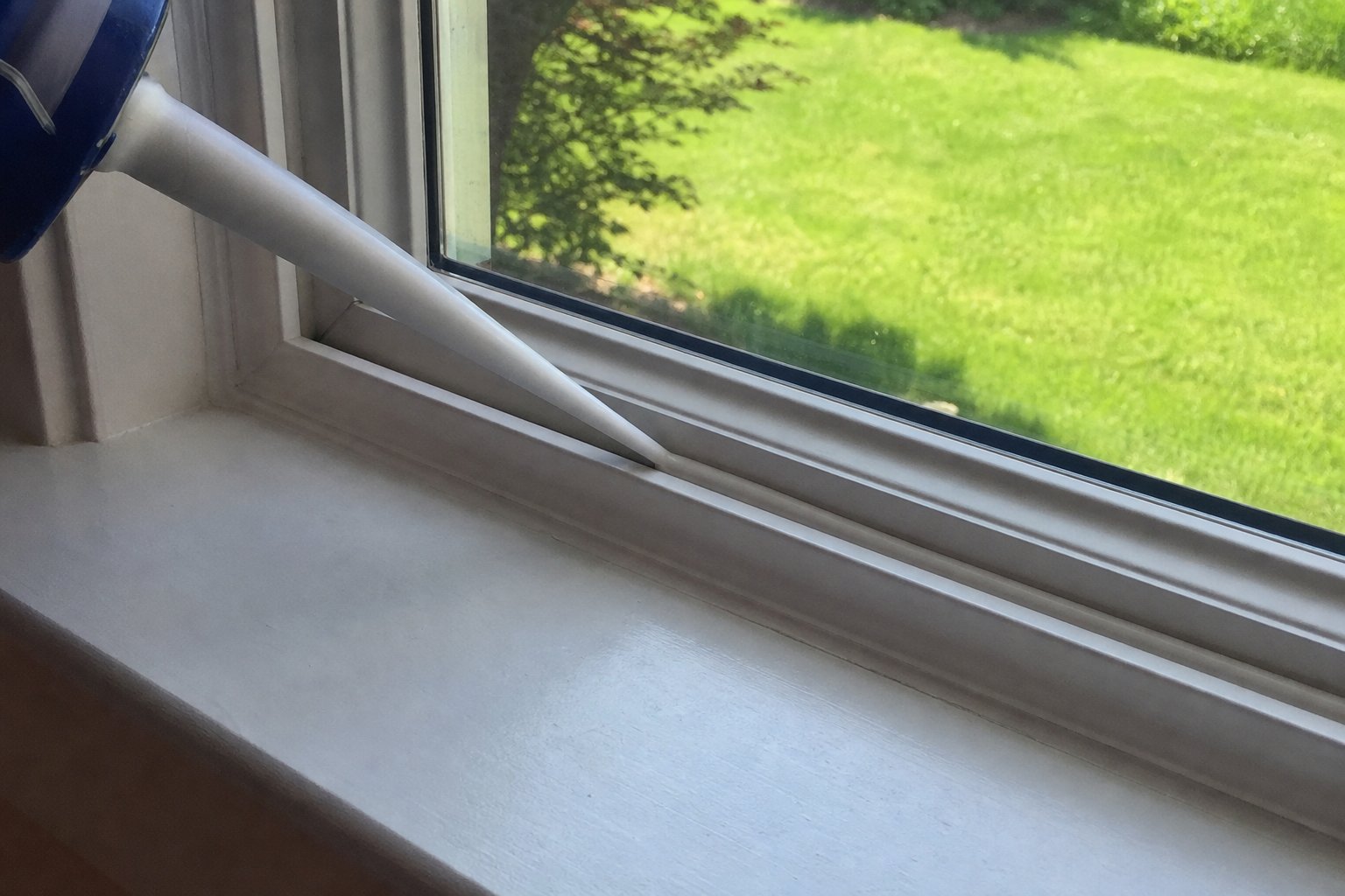 Slim applicator tip treating the crevice along an interior window sill, natural light through the window onto a green North Texas lawn outside, no face
