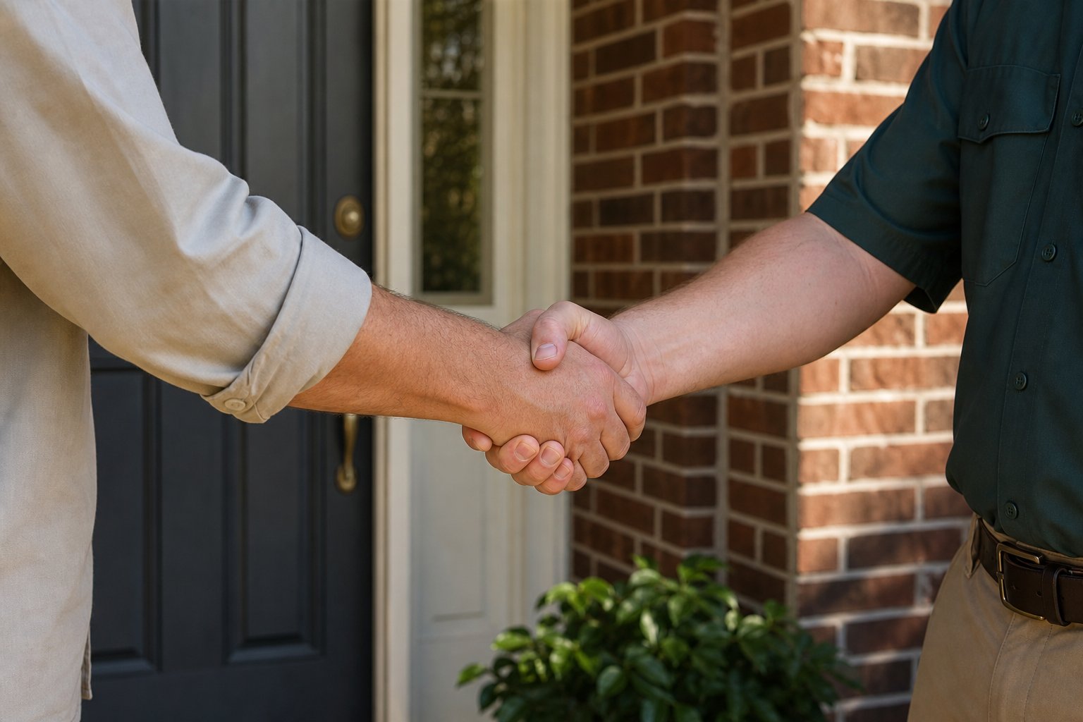 Handshake between a homeowner and a pest control technician in a plain green work shirt at a front door, hands and forearms only, warm afternoon light