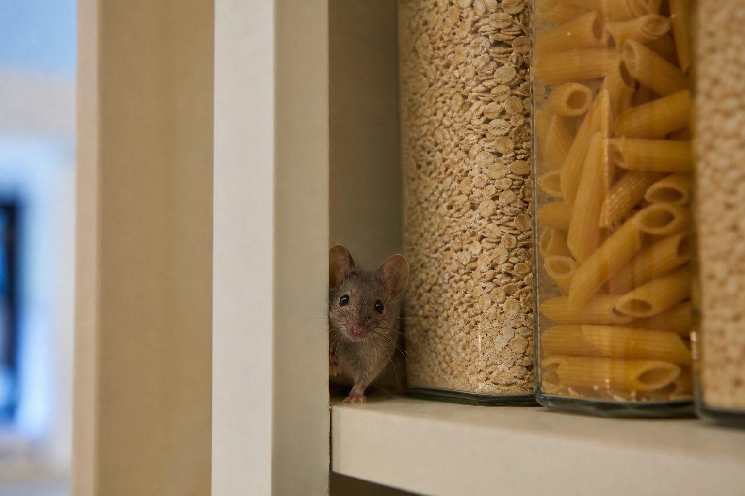Small gray house mouse peeking from behind a pantry shelf edge near dry goods jars, warm interior light, suburban kitchen pantry