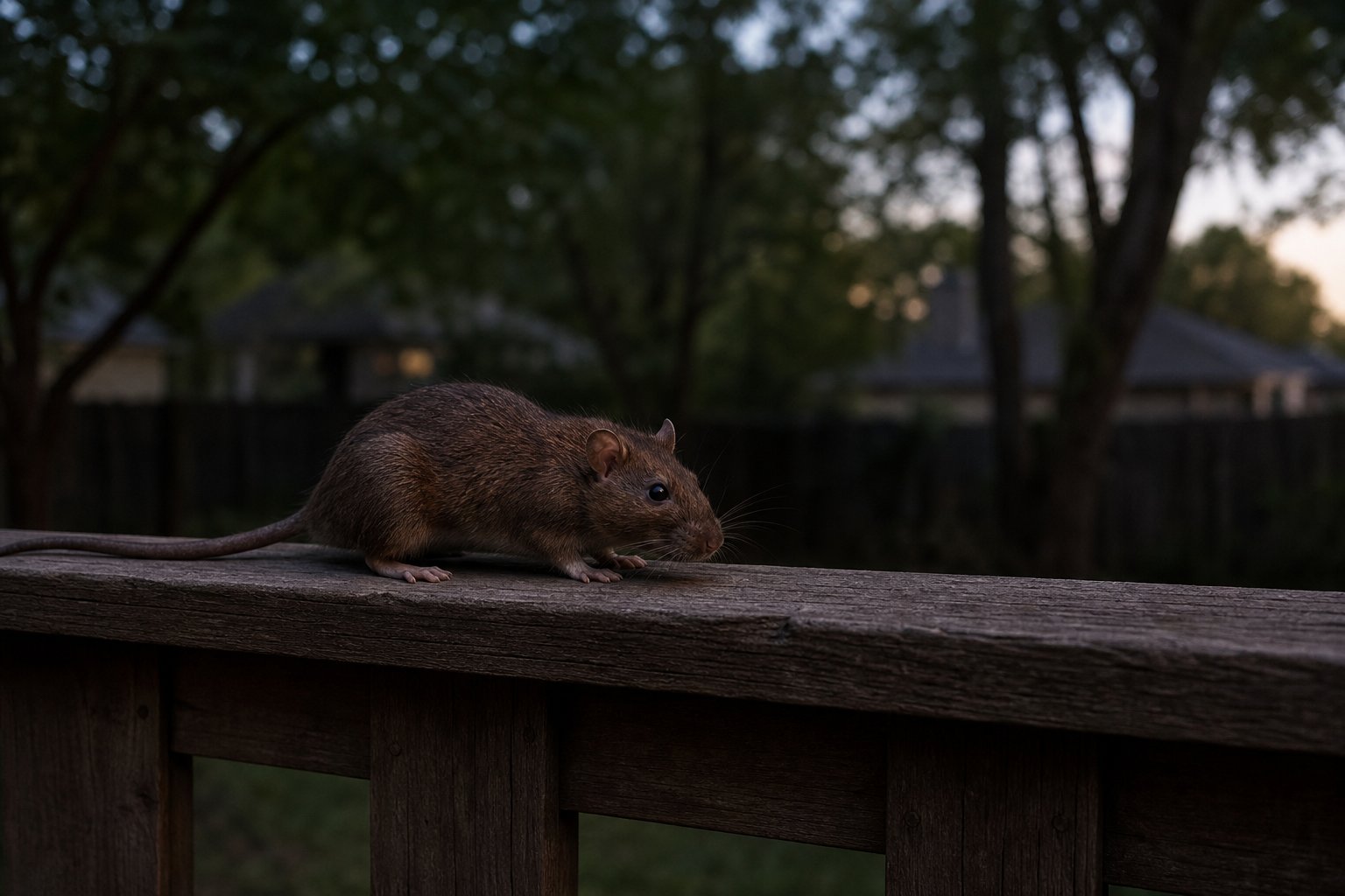 Brown rat on a wooden backyard fence rail at dusk, suburban North Texas yard with shade trees blurred behind, moody low light