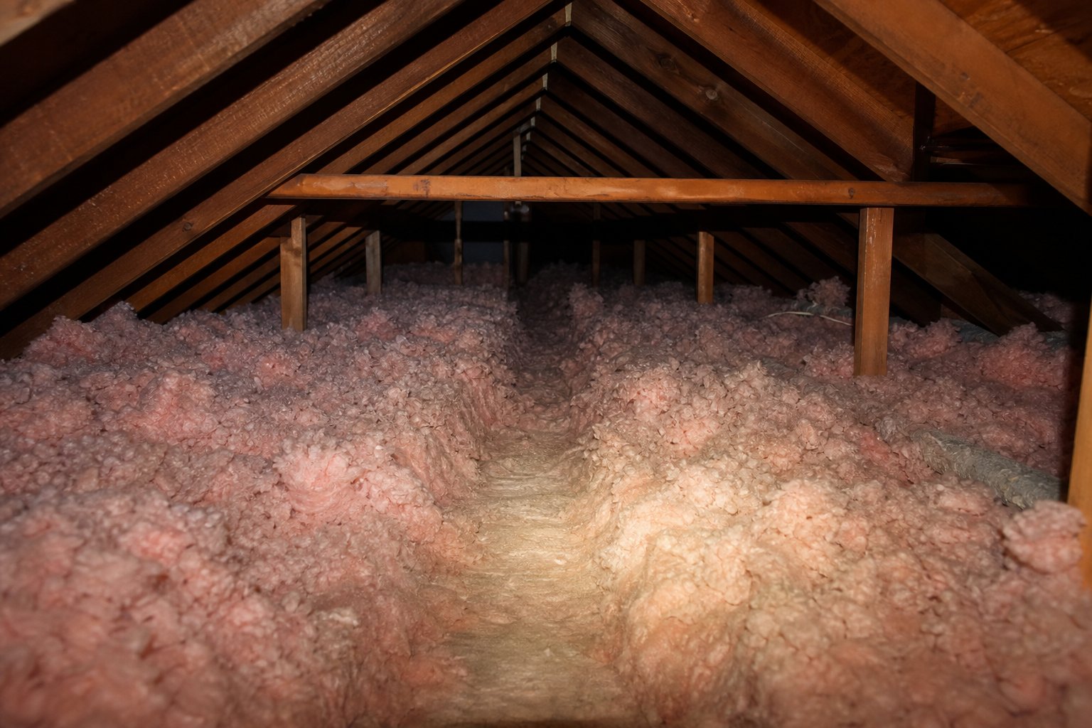 Attic interior with pink fiberglass insulation showing a pressed tunnel path, wooden rafters above, flashlight beam illuminating the area, suburban Texas home