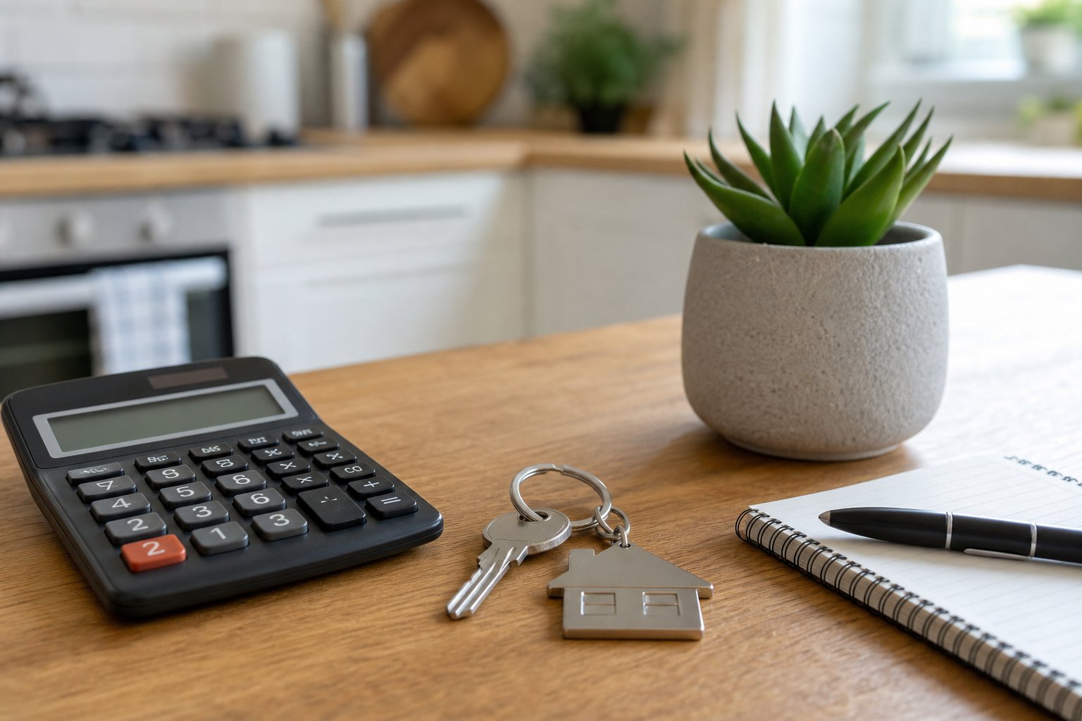 Calculator, house keys, and a small potted succulent arranged on a wooden kitchen table, soft natural light, clean and simple budgeting theme