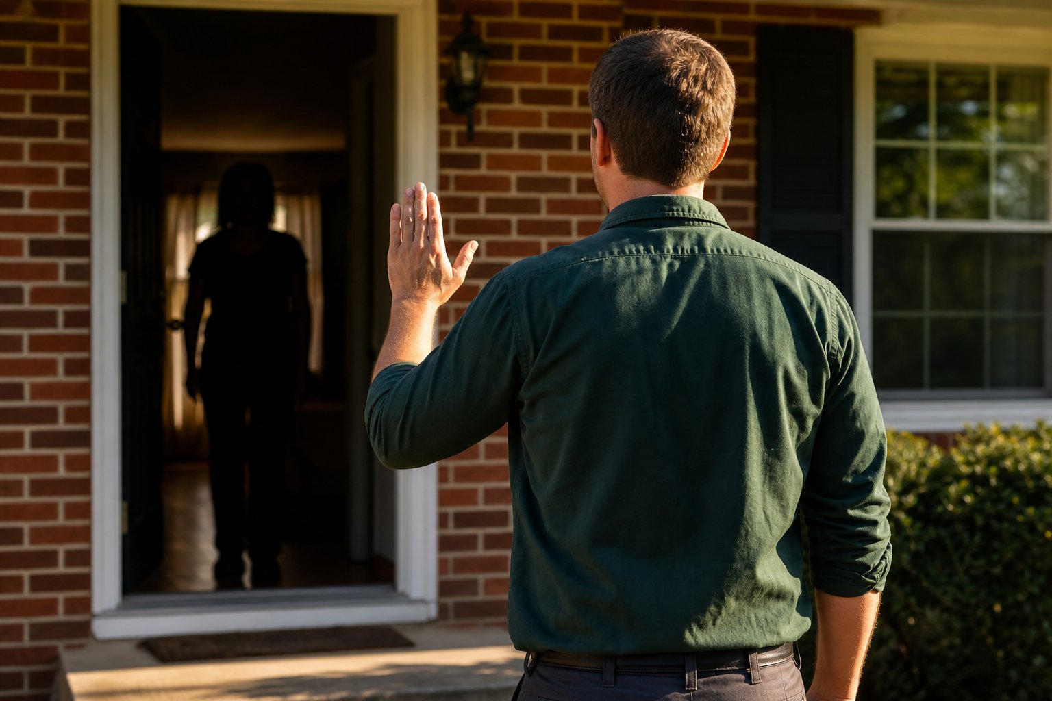 Pest control technician in plain green work shirt greeting at the front door of a brick ranch home, homeowner silhouetted in doorway, warm afternoon light