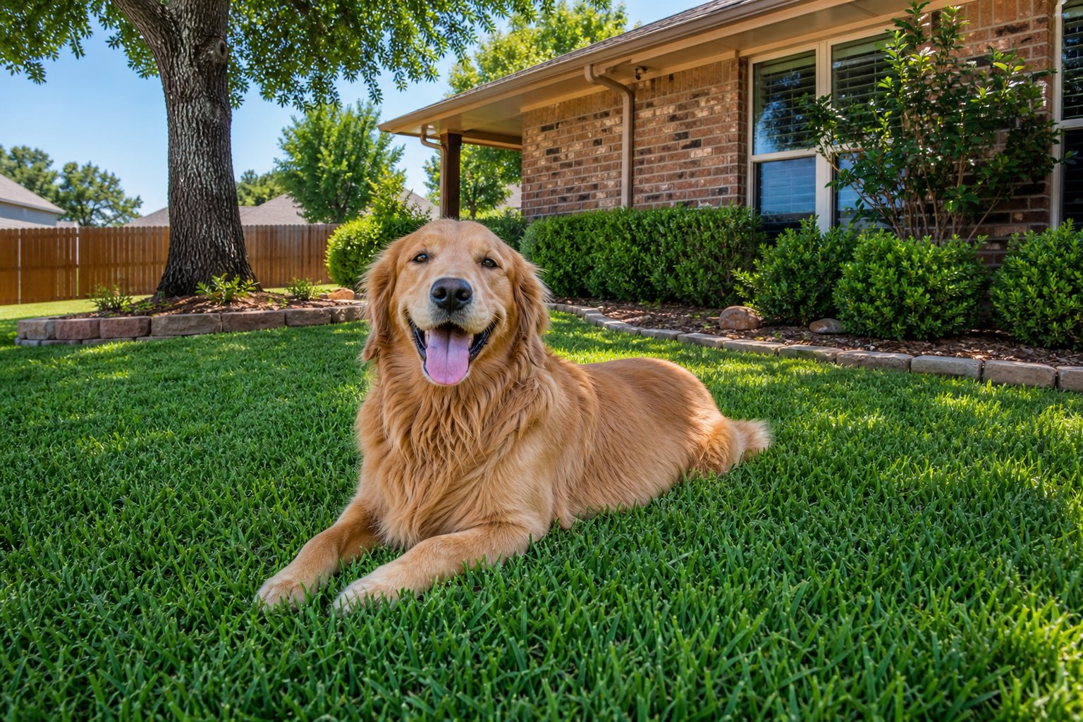 Golden retriever lying happily on a lush green St. Augustine lawn in front of a brick ranch home, tongue out, bright summer morning light, North Texas backyard