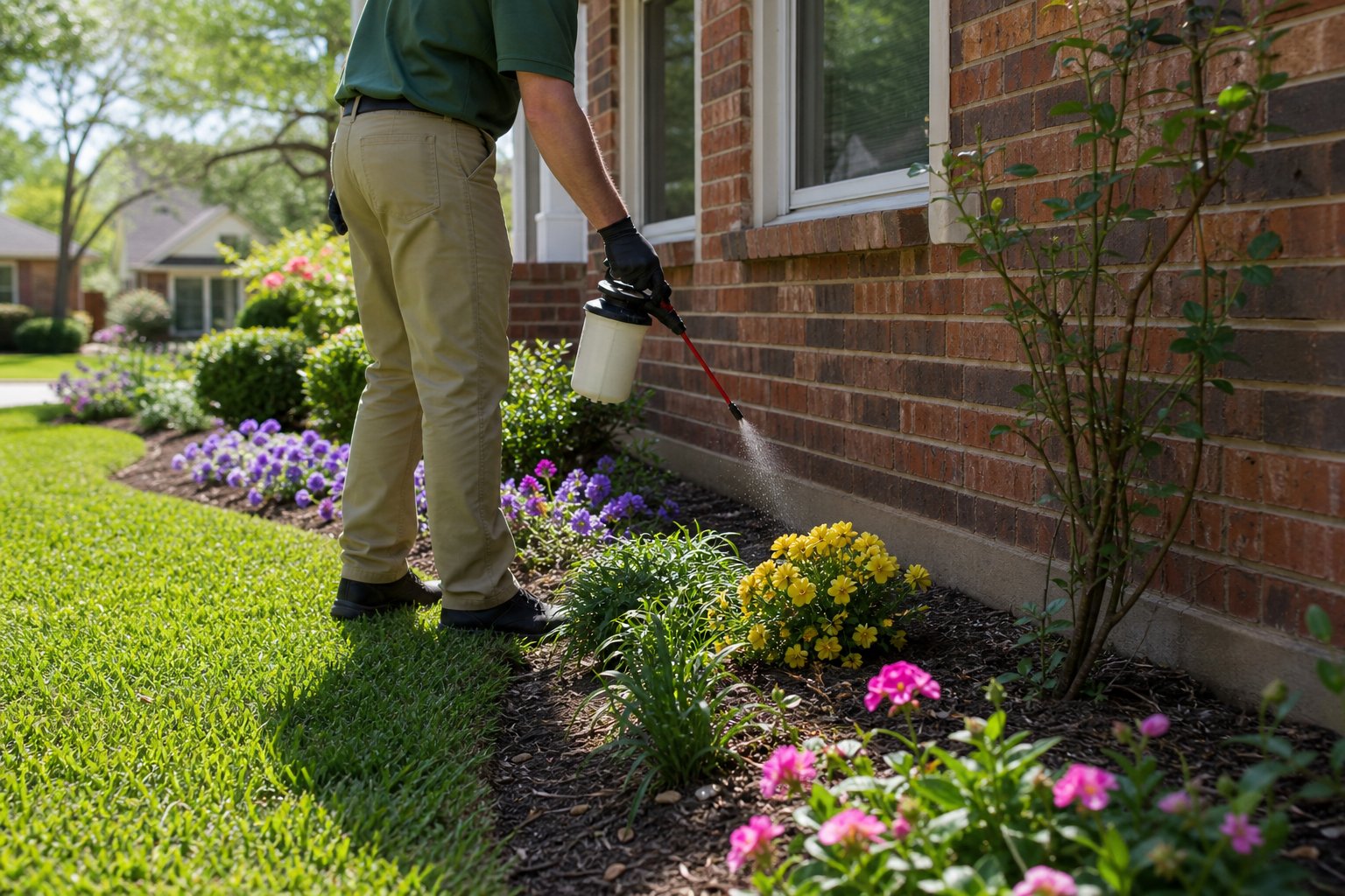 Pest control technician in plain green work shirt applying granular treatment along the foundation line of a brick ranch home, spring flower beds in bloom