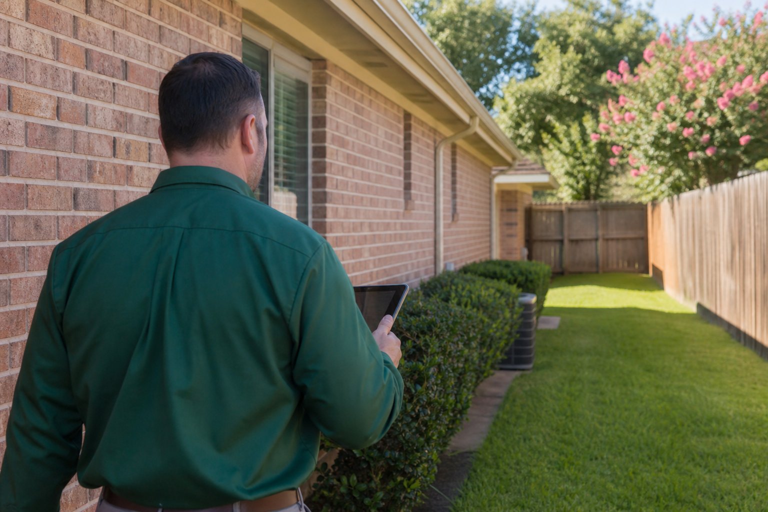 Pest control technician in plain green work shirt walking the side yard of a brick ranch home holding a tablet, healthy lawn and wooden fence, morning light