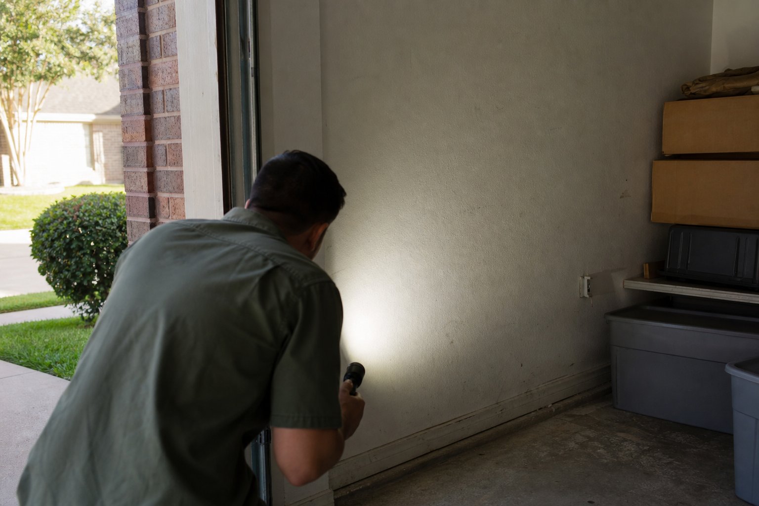 Technician in plain green work shirt shining a flashlight into the corner of a garage interior near stored boxes