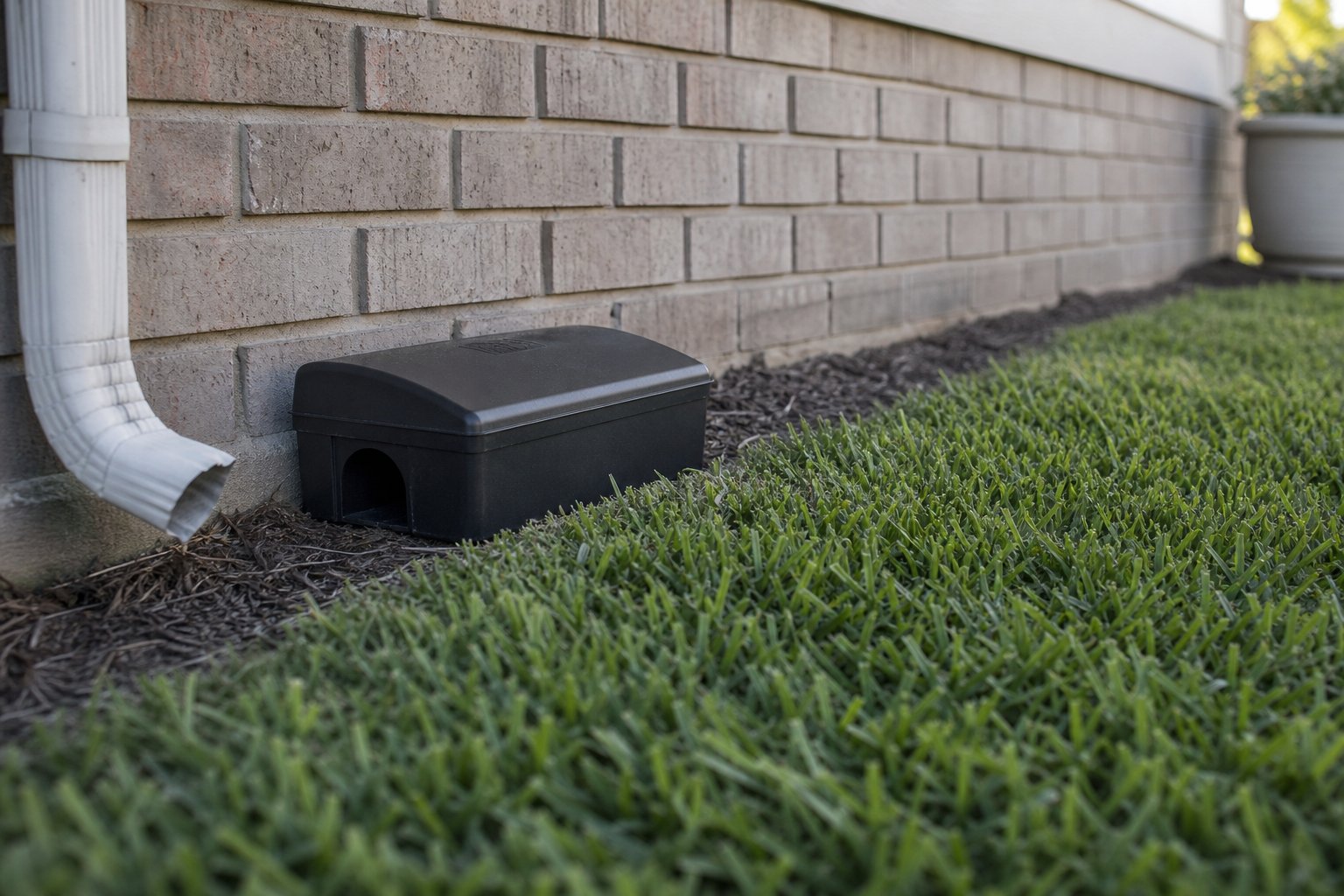 Black plastic rodent monitoring station placed discreetly along the brick foundation line of a ranch home, neat St. Augustine lawn beside it