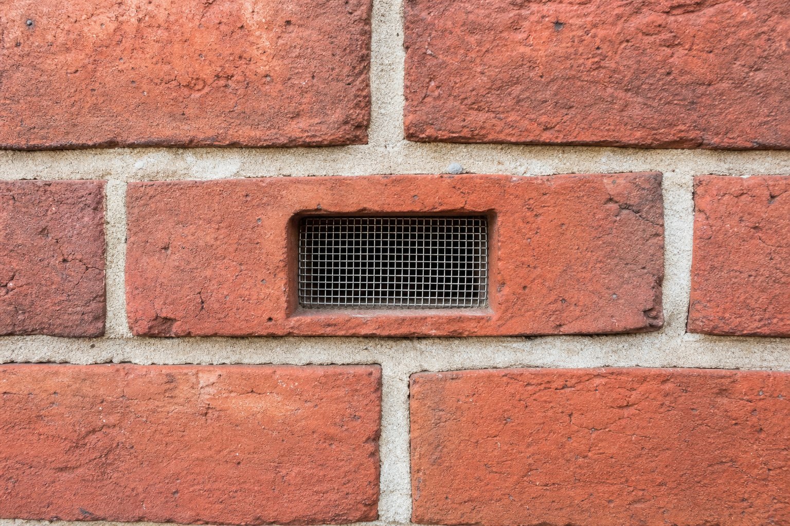 Fine stainless steel exclusion mesh neatly installed in a brick weep hole, red brick and mortar texture filling the frame, natural daylight