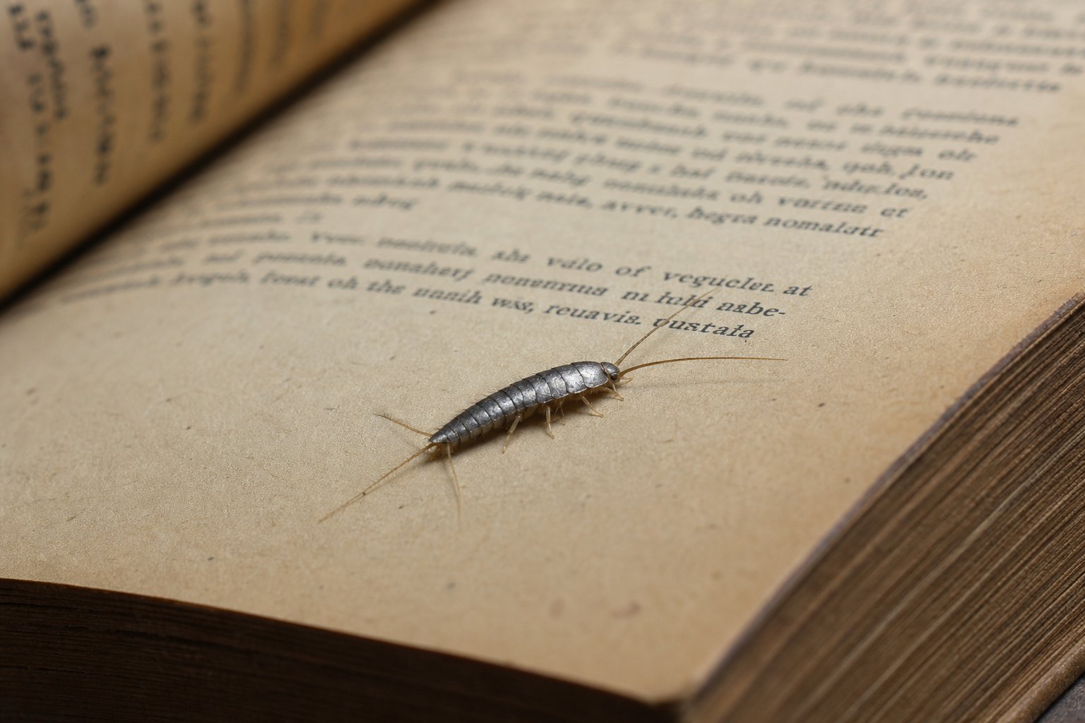 Silvery teardrop-shaped silverfish insect on the open page of an old book, soft indoor light