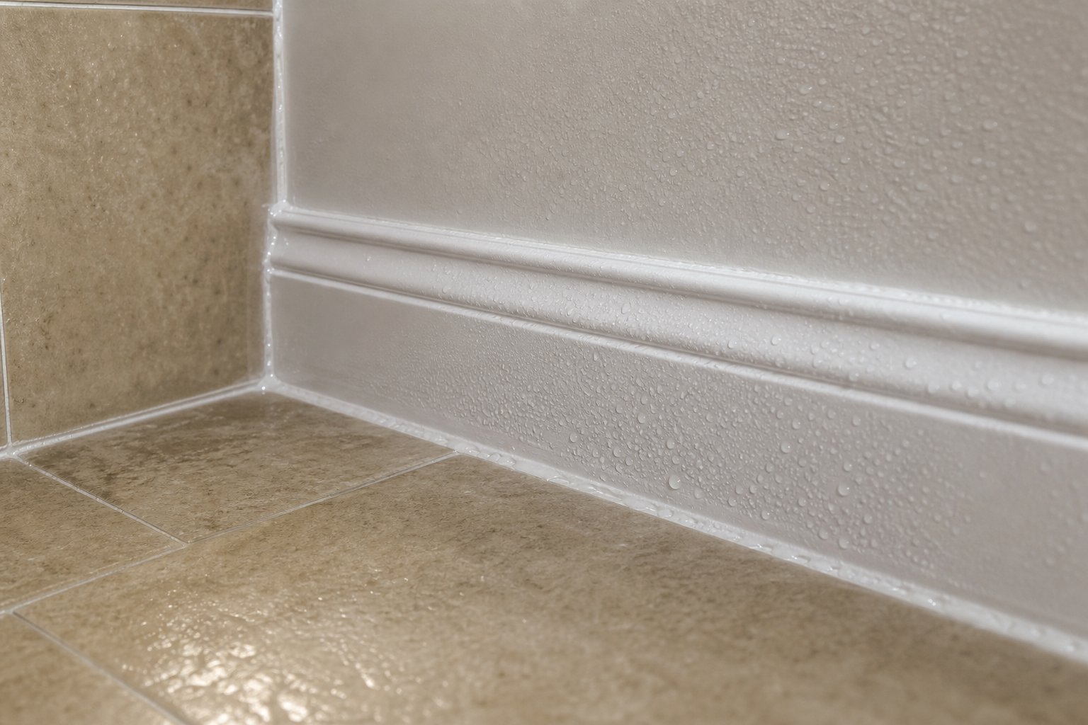 Bathroom corner where tile floor meets white baseboard, slight humidity condensation on surfaces, clean suburban home, soft morning window light