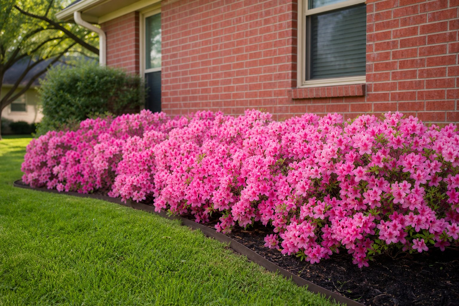 Blooming pink azaleas in a foundation bed against the red brick wall of a ranch home, fresh spring morning light, North Texas suburb