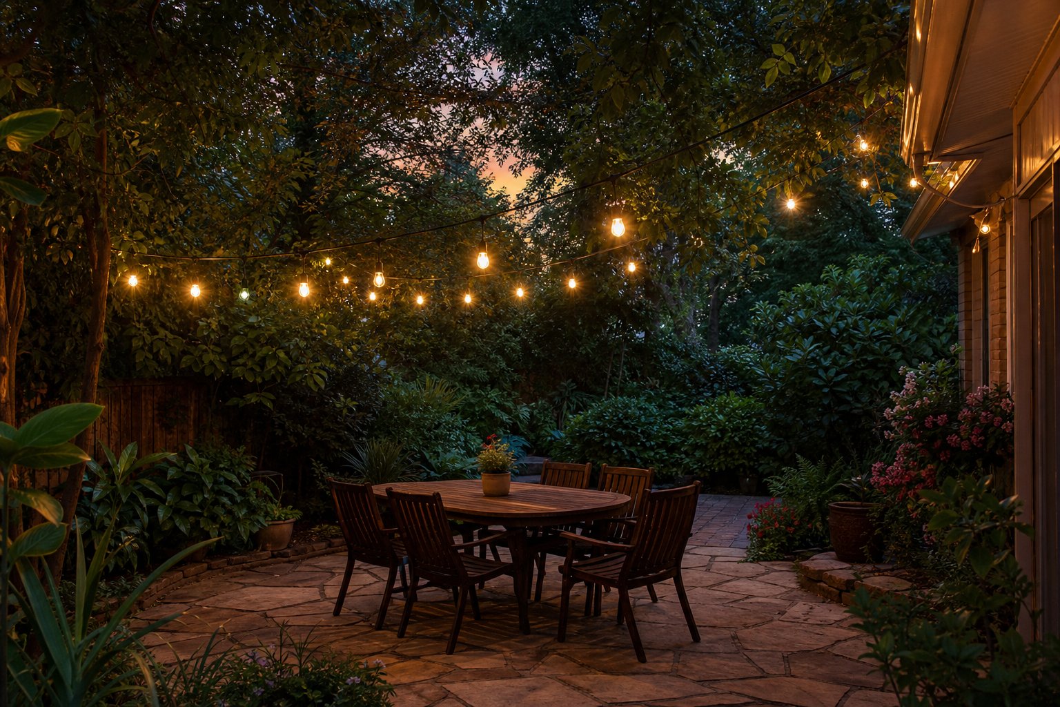 Backyard patio at dusk with string lights glowing over an empty table, dense green summer landscaping around, humid Texas summer evening mood