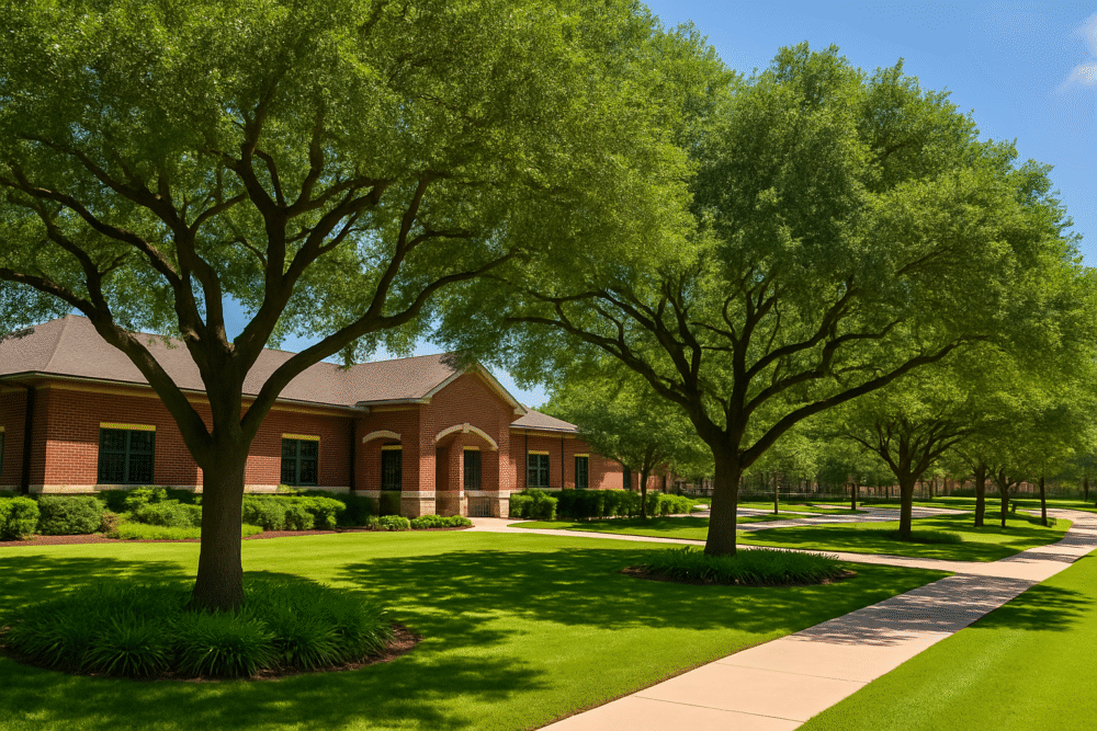 A red brick building with large windows, ideal for a blog post template backdrop, is bordered by neatly trimmed lawns, tall green trees, and a concrete sidewalk under a clear blue sky.