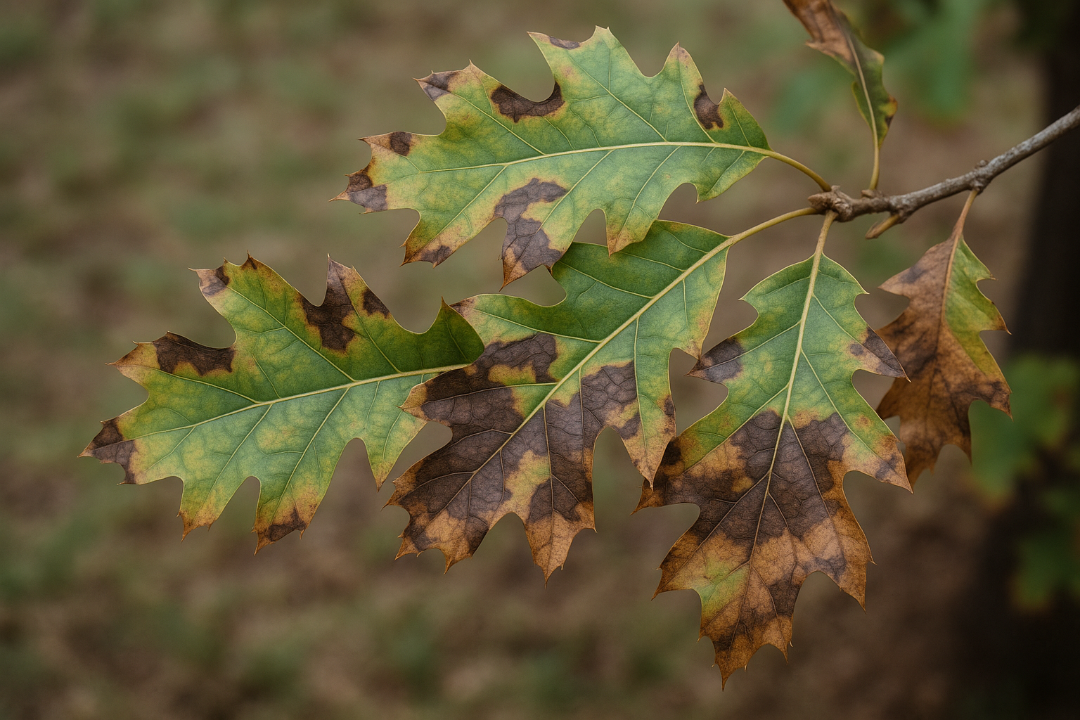 Oak leaves with green, yellow, and brown patches showing signs of disease — North Texas tree disease identification.