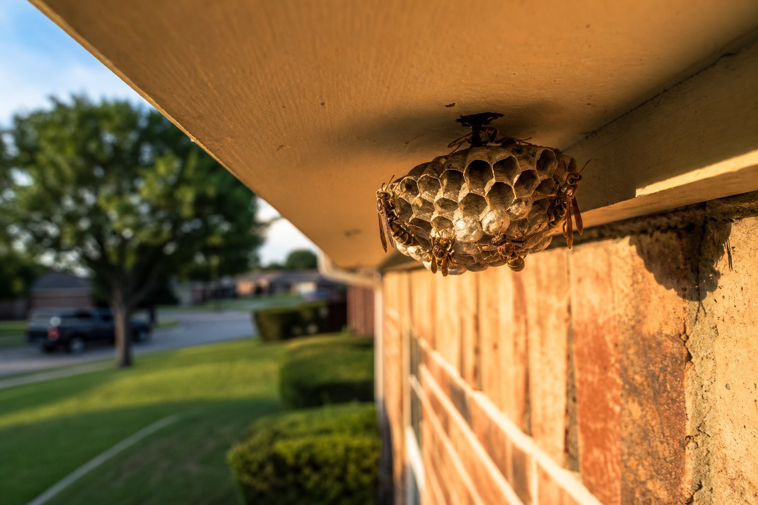 Paper wasp nest attached under the eave of a brick ranch home, several wasps on the comb, warm late afternoon Texas light, North Texas suburban neighborhood