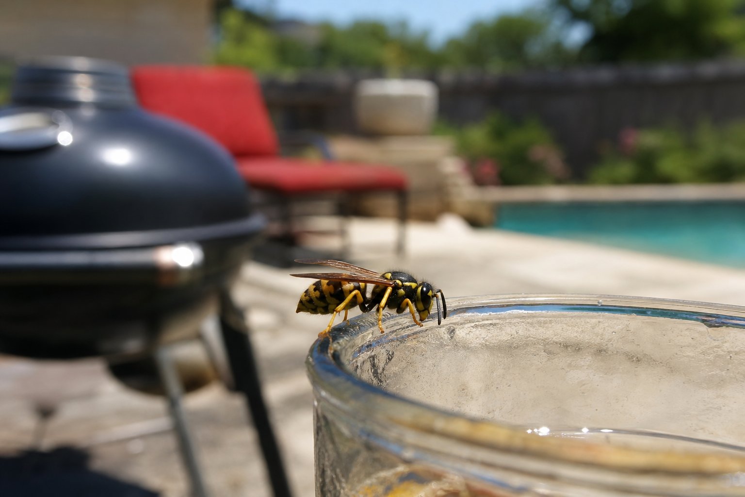 Yellow and black yellow jacket wasp on the rim of a glass on an outdoor patio table, backyard barbecue setting blurred behind, bright Texas summer light