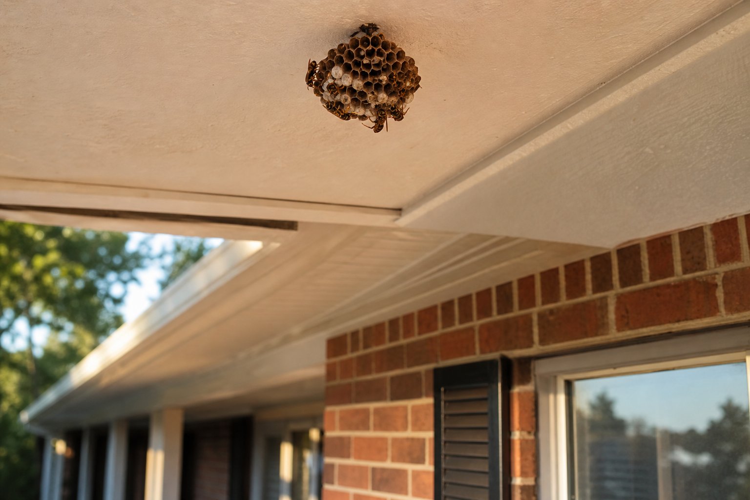 Small open paper wasp comb hanging from a porch ceiling corner with wasps tending cells, warm evening light, brick ranch home porch