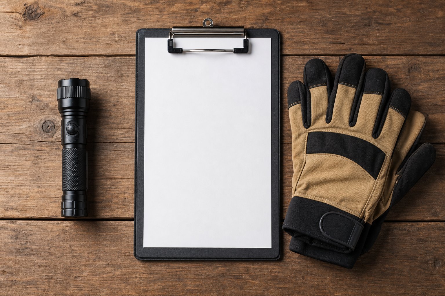 Professional inspection flashlight, work gloves, and a blank clipboard arranged on a wooden surface, clean and organized service theme, soft natural light