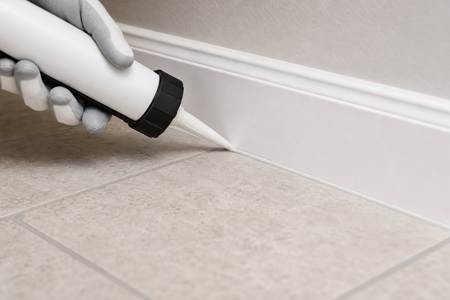 Slim crack-and-crevice applicator tip treating the joint where interior baseboard meets tile floor, gloved hand, clean suburban home interior, neutral light