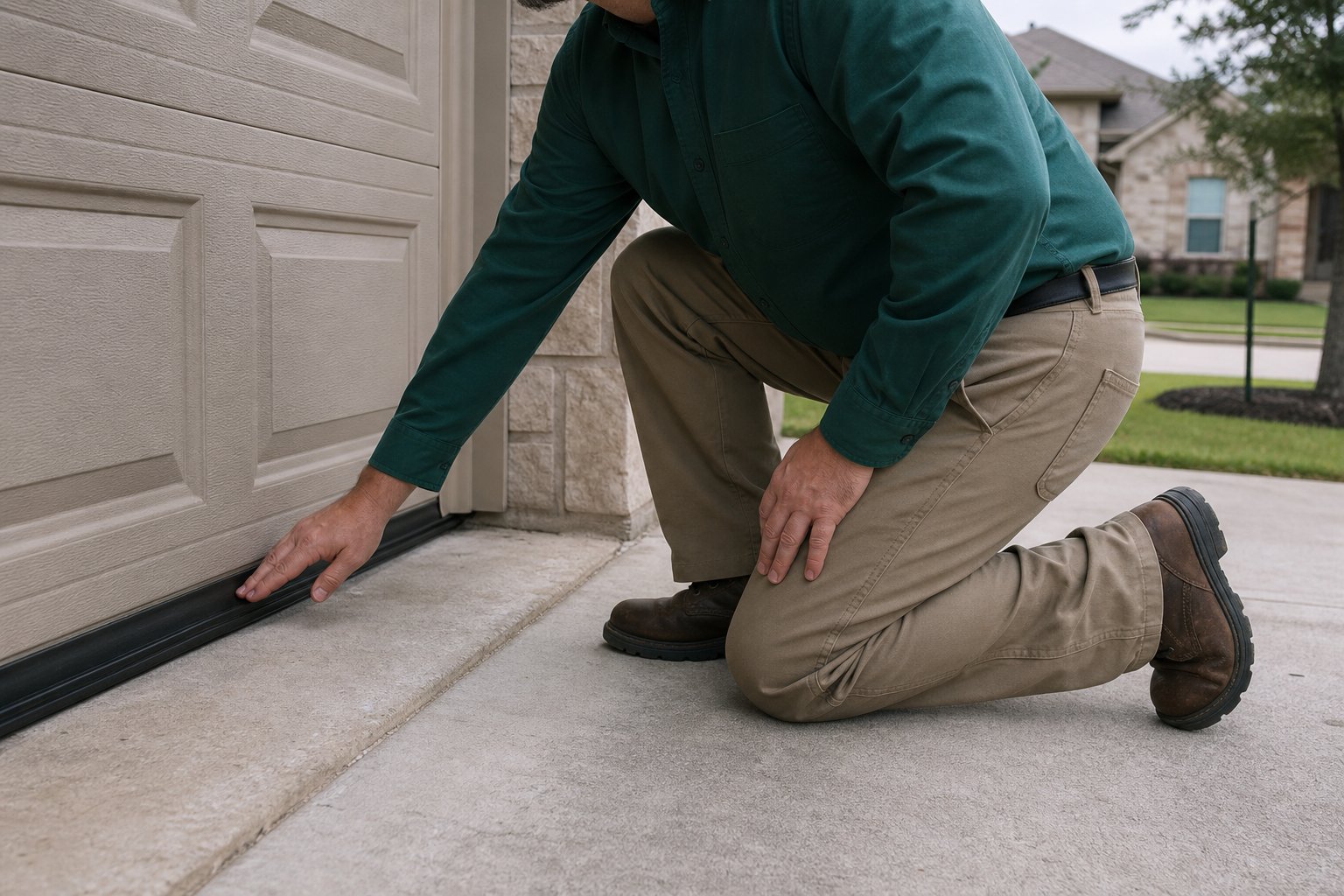 Pest control technician in plain green work shirt checking the rubber weather seal at the base of a garage door, kneeling, soft overcast light