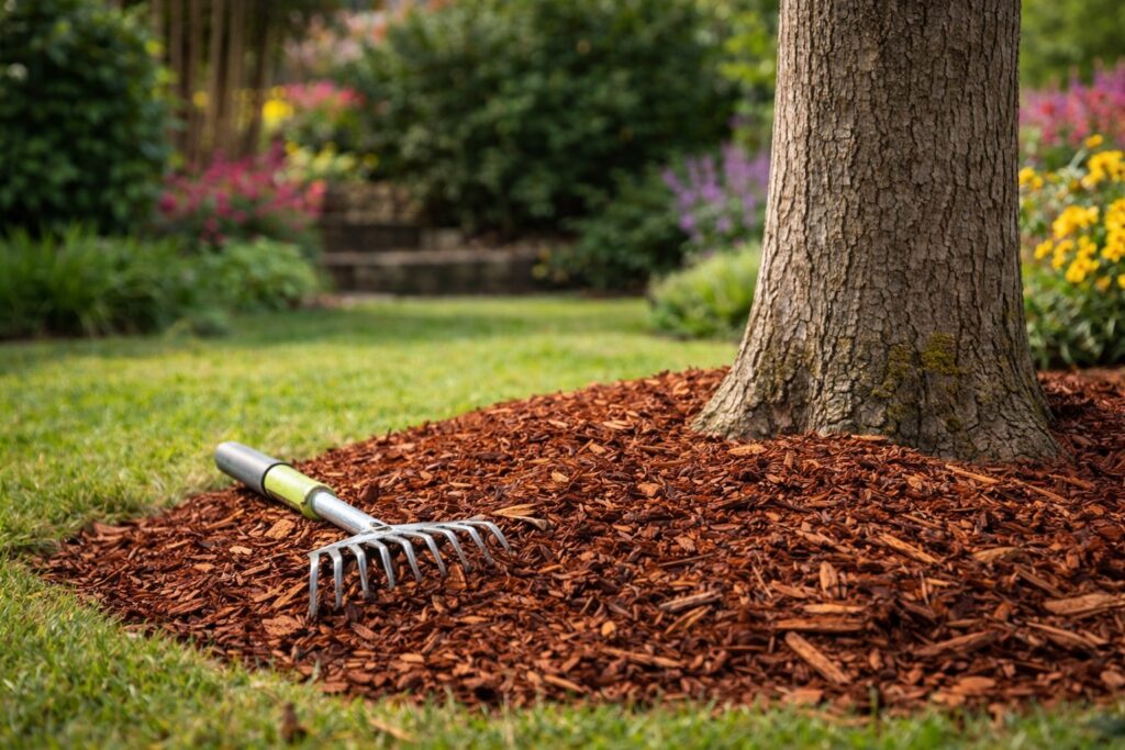 A metal rake rests on mulch around the base of a tree in a landscaped garden, showcasing thoughtful lawn care with green grass and flowering plants in the background.