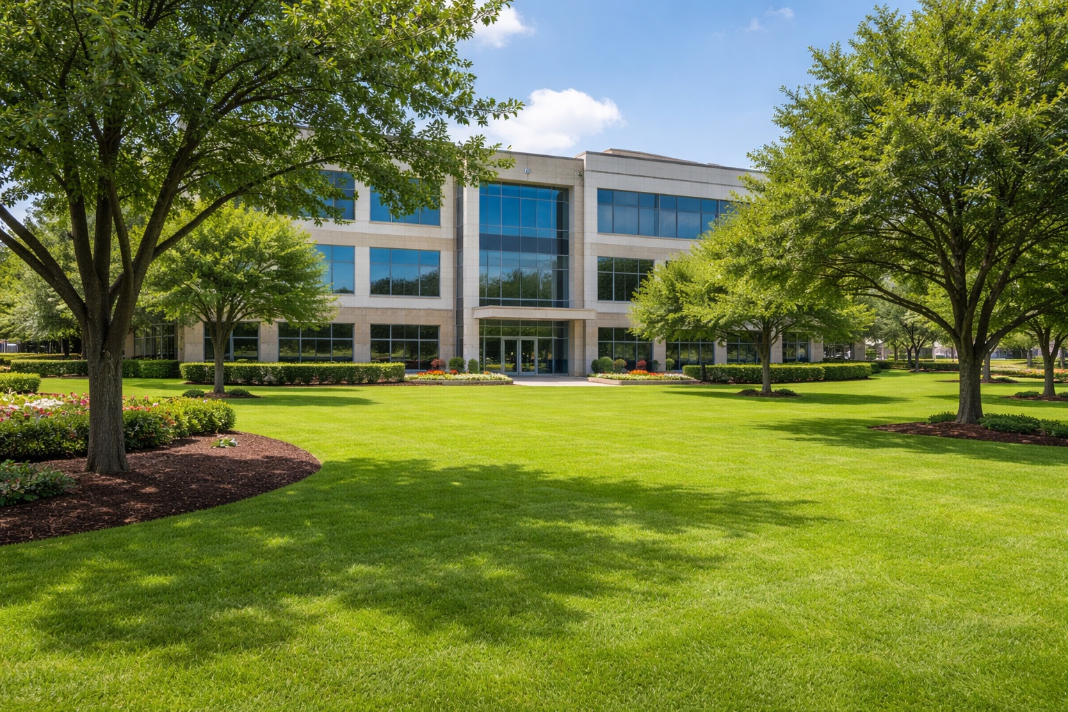A modern three-story commercial office building with large glass windows, surrounded by well-maintained grass and trees, thanks to expert fertilization services and weed control, set amid landscaped garden beds under a blue sky.