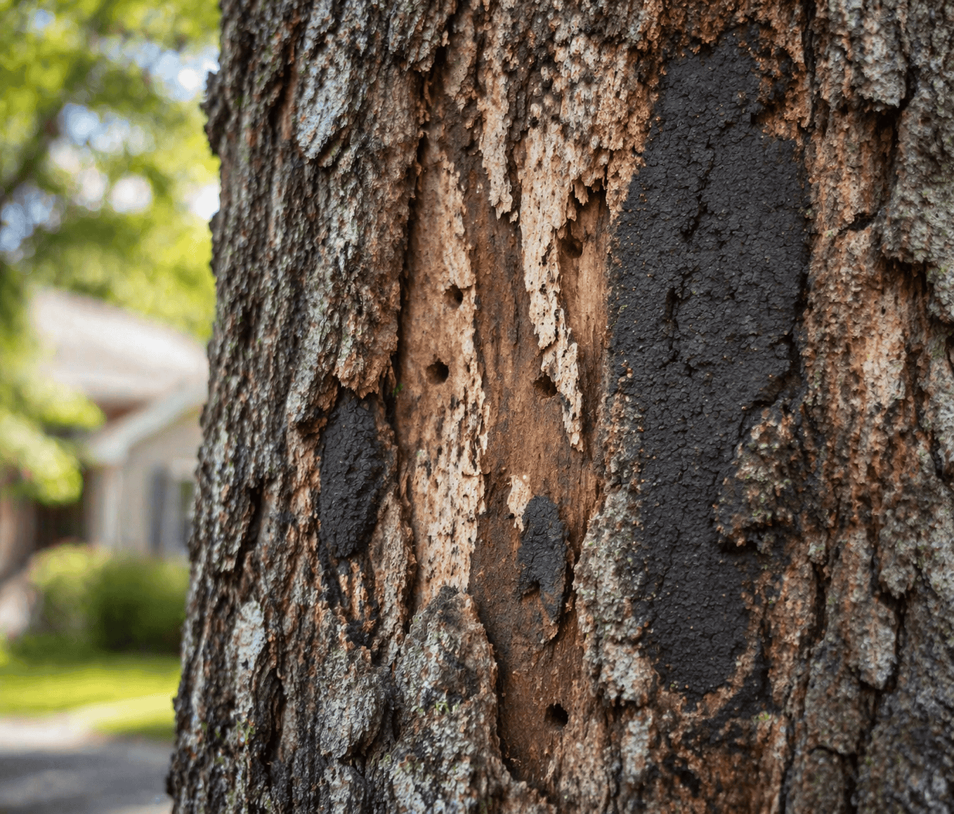 Close-up of tree bark with rough dark patches and peeling sections; house and greenery blurred in the background—perfect for those seeking a tree doctor DFW to assess tree health and provide expert care.