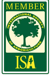 Green and yellow badge with a tree silhouette and text: "Member, International Society of Arboriculture, ISA. Proudly supporting TX tree care and Trees Hurt Too Pest Control Tarrant County, Inc.
